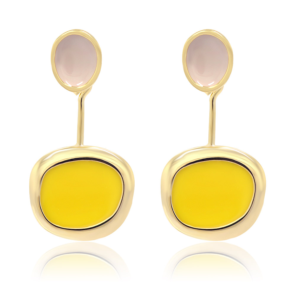 Color Enamel Disc With Two Tone Earrings -Beige & Yellow